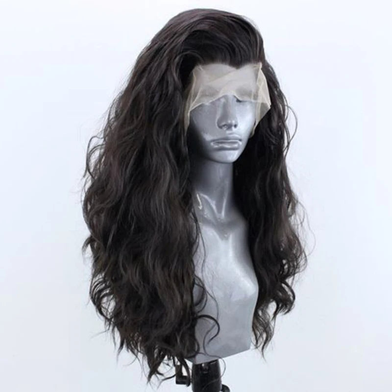 AIMEYA  Dark Brown Long Curly Synthetic Lace Front Wigs for Women Free Part Pre Plucked Natural Hairline Cosplay Wigs