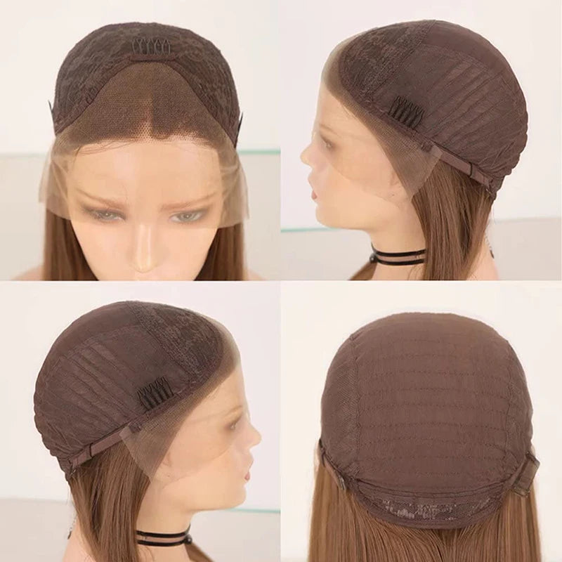 AIMEYA  Dark Brown Long Curly Synthetic Lace Front Wigs for Women Free Part Pre Plucked Natural Hairline Cosplay Wigs
