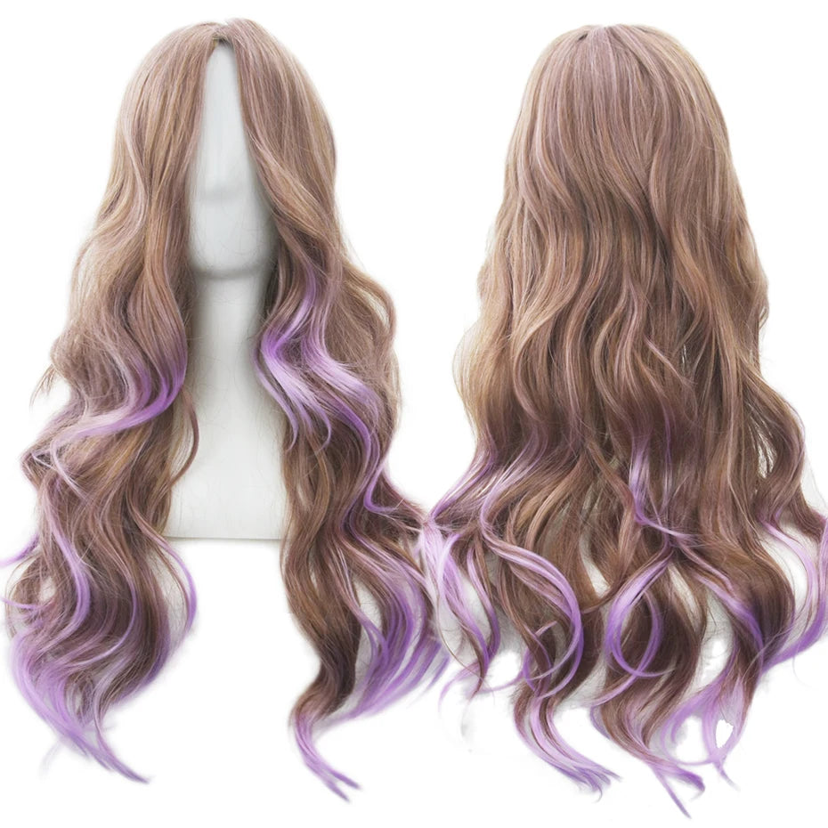 Soowee Synthetic Hair Ombre Rainbow Cosplay Wig with Bangs Red Yellow Purple Green Blue Wigs for Black Women
