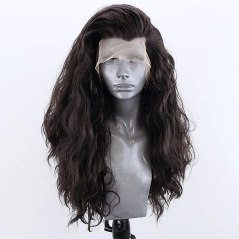 AIMEYA  Dark Brown Long Curly Synthetic Lace Front Wigs for Women Free Part Pre Plucked Natural Hairline Cosplay Wigs