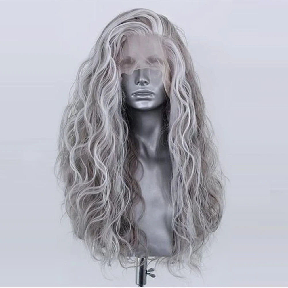 Bernardo Synthetic Lace Front Wig Long Water Wave Style Grey Wigs Blonde Highlight Pre-Plucked Frontal Wigs for Black Women