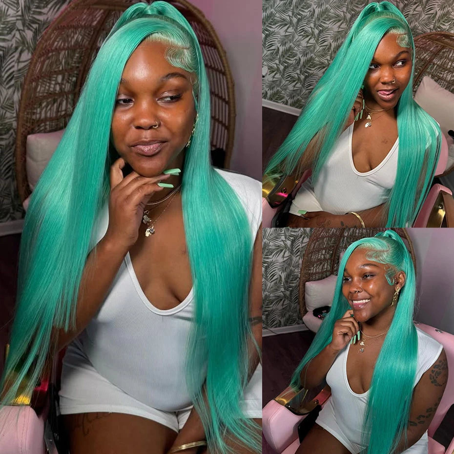 30 40 inch 13x6 Mint Green Lace Front Human Hair Wigs For Wome Straight Brazilian Remy Lace Frontal Wig Pre Plucked 250% Density