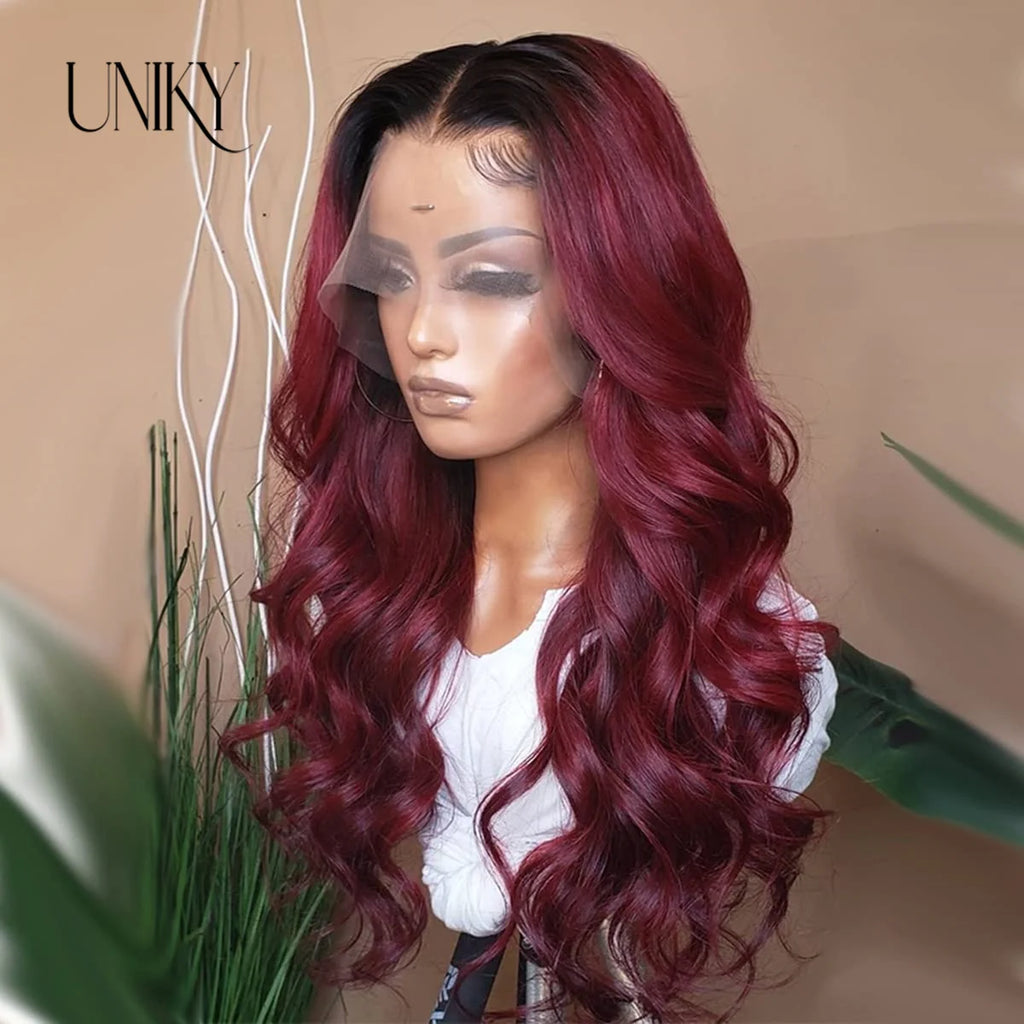 13x4 Loose Body Wave Wig Burgundy Lace Front Human Hair Wig For Women T1B/99j Ombre TwoTone Human Hair Wig Body Wave Frontal Wig