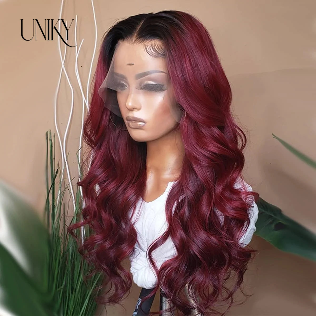 13x4 Loose Body Wave Wig Burgundy Lace Front Human Hair Wig For Women T1B/99j Ombre TwoTone Human Hair Wig Body Wave Frontal Wig