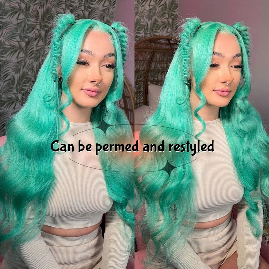 30 40 inch 13x6 Mint Green Lace Front Human Hair Wigs For Wome Straight Brazilian Remy Lace Frontal Wig Pre Plucked 250% Density