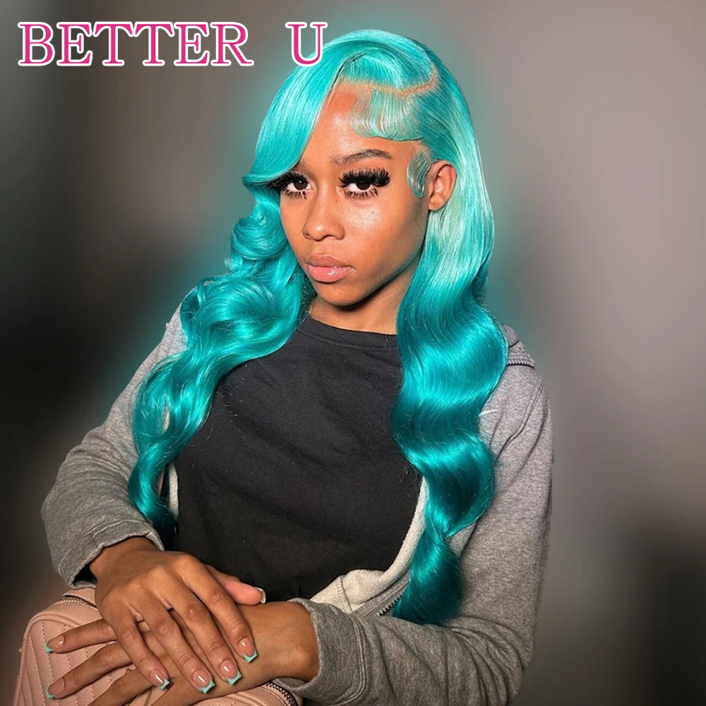 Teal Blue 13x6 Lace Front Wigs 100% Human Hair Body Wave Cyan Green Colored Human Hair Wig PrePlucked Brazilian Lace Frontal Wig