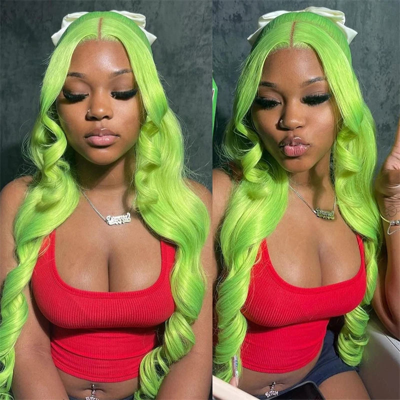 Green 13x6 Transparent Lace Front Wig Human Hair Pre Plucked Long Body Wave Green Colored Human Hair Wigs For Women 30 36 Inch