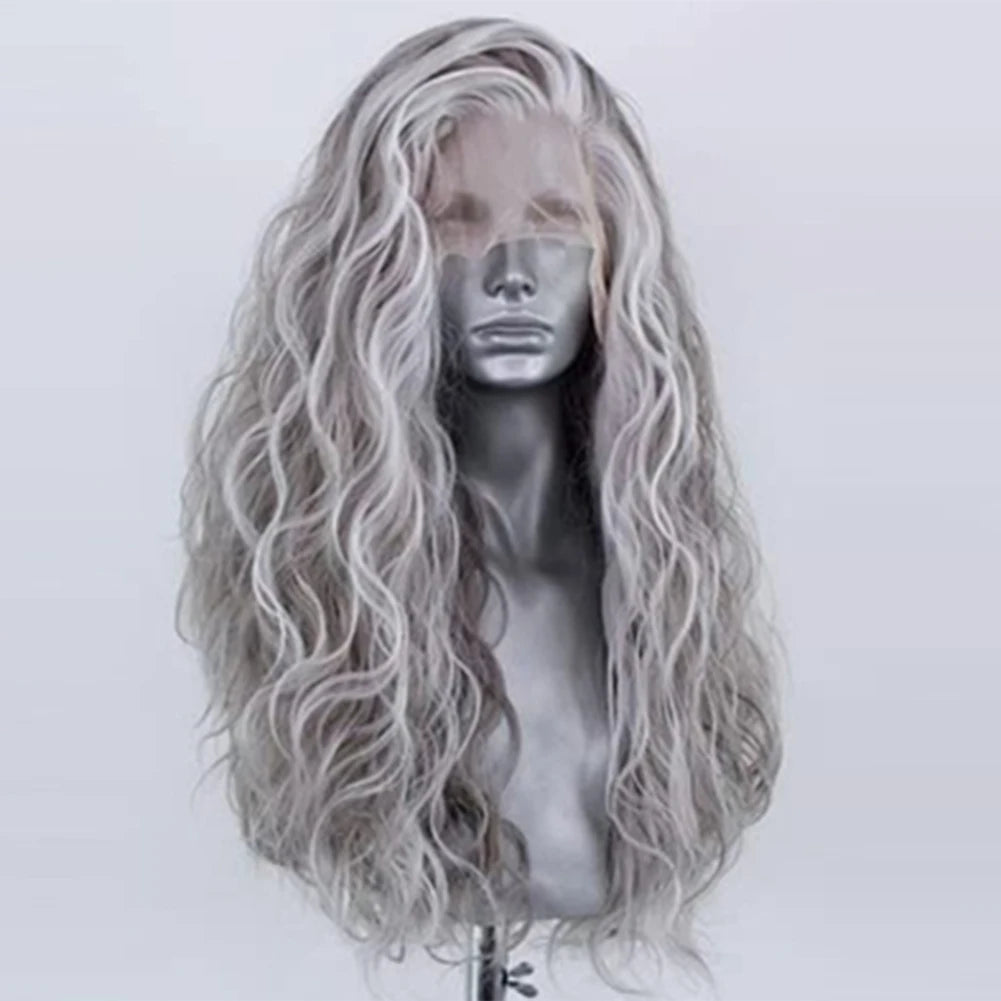 Bernardo Synthetic Lace Front Wig Long Water Wave Style Grey Wigs Blonde Highlight Pre-Plucked Frontal Wigs for Black Women