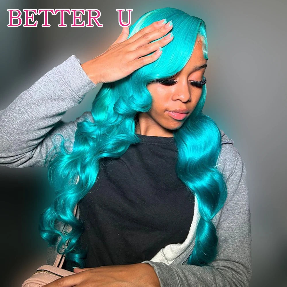 Teal Blue 13x6 Lace Front Wigs 100% Human Hair Body Wave Cyan Green Colored Human Hair Wig PrePlucked Brazilian Lace Frontal Wig