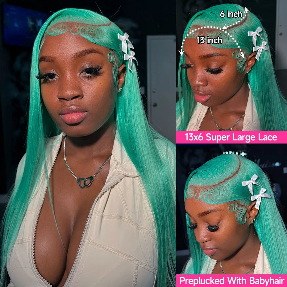 30 40 inch 13x6 Mint Green Lace Front Human Hair Wigs For Wome Straight Brazilian Remy Lace Frontal Wig Pre Plucked 250% Density