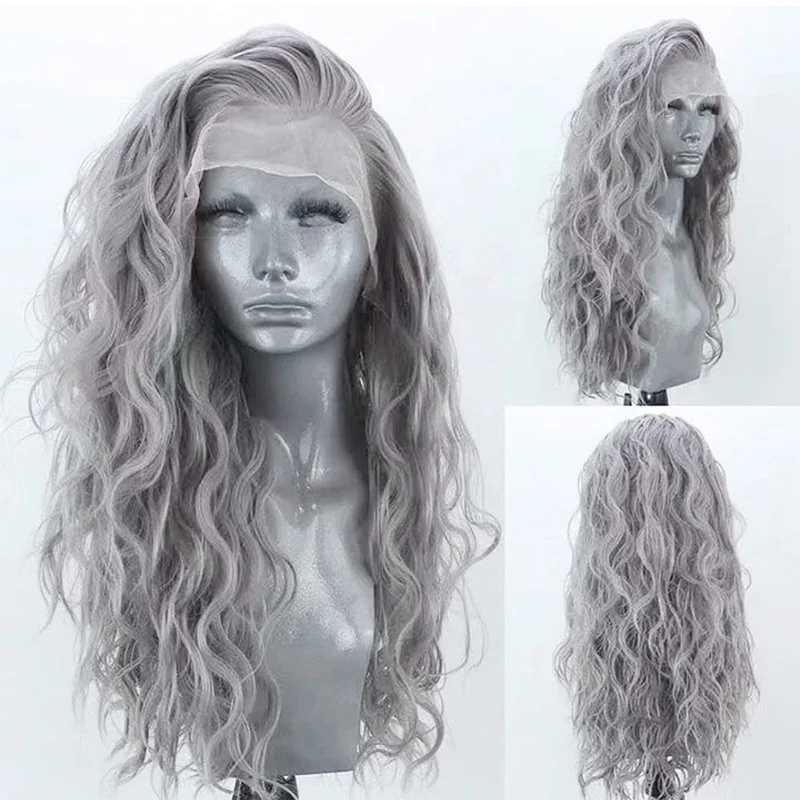 Bernardo Synthetic Lace Front Wig Long Water Wave Style Grey Wigs Blonde Highlight Pre-Plucked Frontal Wigs for Black Women