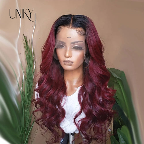 13x4 Loose Body Wave Wig Burgundy Lace Front Human Hair Wig For Women T1B/99j Ombre TwoTone Human Hair Wig Body Wave Frontal Wig