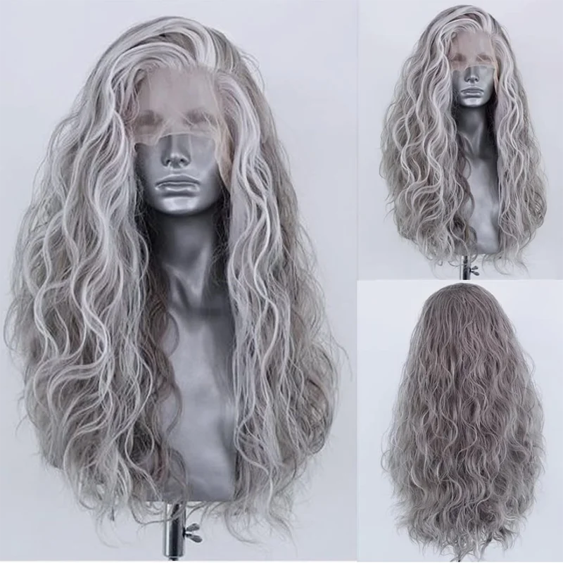 Bernardo Synthetic Lace Front Wig Long Water Wave Style Grey Wigs Blonde Highlight Pre-Plucked Frontal Wigs for Black Women