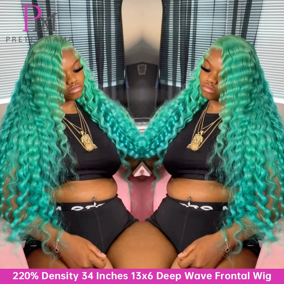 Deep Wave 13x4 13x6 Cyan Blue Lace Front Wigs Human Hair Pre Plucked Light Blue Green Colored Human Hair Wigs Lace Frontal Wig