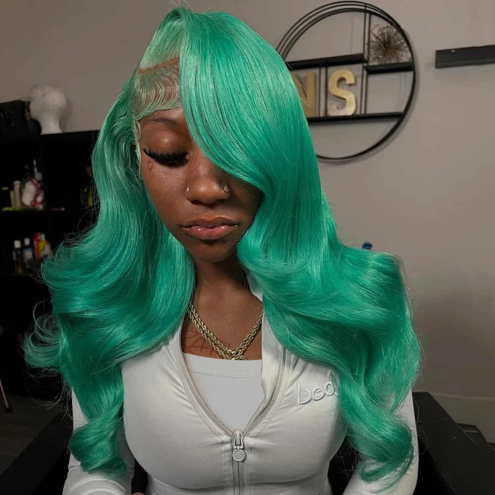 Shiny Lake Green Body Wave Wigs 13x6 Lace Front Human Hair Wig 180 Density for Women Turquoise Colored Transparent Lace Wigs