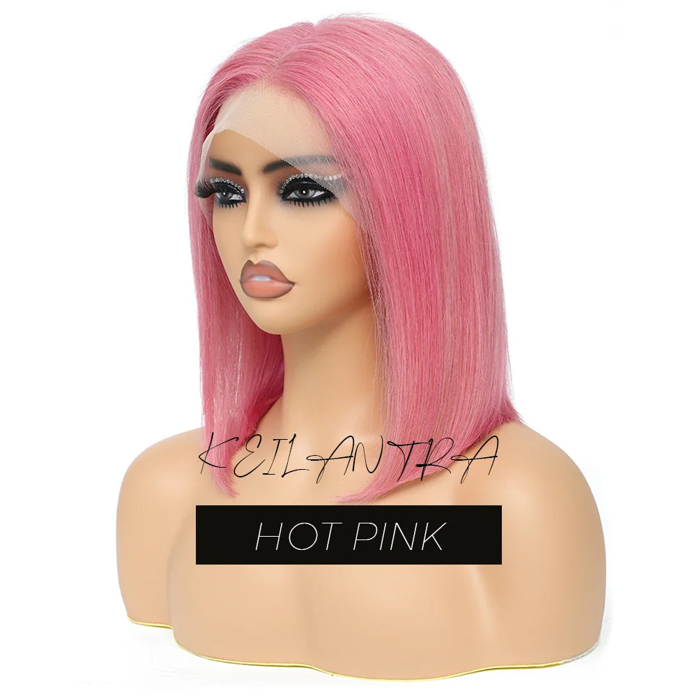 Rose Pink Short Colored Bob Human Hair Wigs Brazilian 13X4 Straight Lace Front Wigs Transparent Lace Pre Plucked Colored Wig
