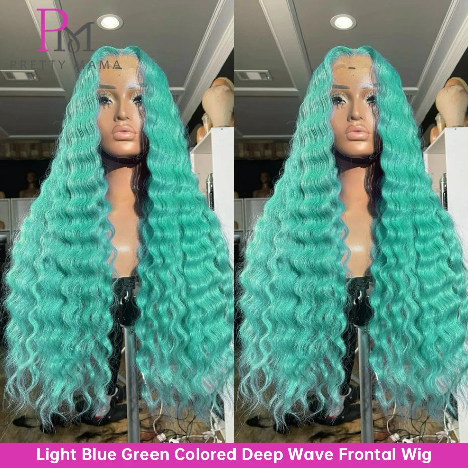 Deep Wave 13x4 13x6 Cyan Blue Lace Front Wigs Human Hair Pre Plucked Light Blue Green Colored Human Hair Wigs Lace Frontal Wig