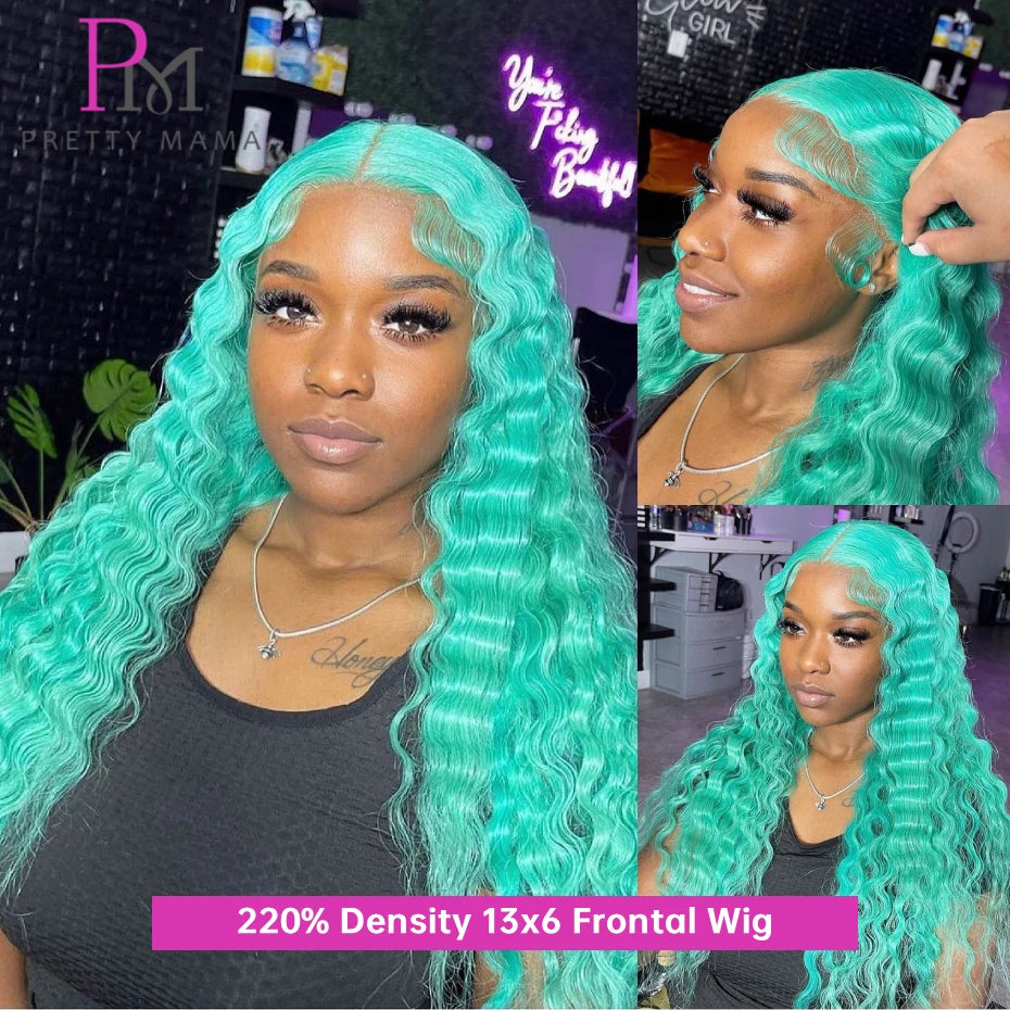 Deep Wave 13x4 13x6 Cyan Blue Lace Front Wigs Human Hair Pre Plucked Light Blue Green Colored Human Hair Wigs Lace Frontal Wig