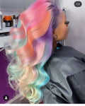 Rainbow Purple Pink Green Lace Front Wig Body Wave HD Transparent Lace Frontal Human Hair Wig