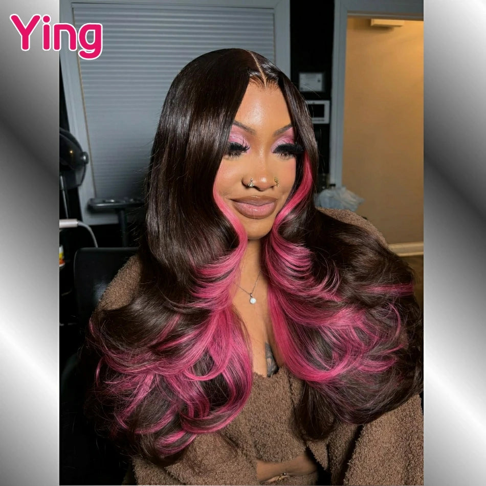 200% Density Pink Lace Front 13x4 Body Wave Wigs Purple Highlight Human Hair 13x6 HD Lace Frontal Blonde Colored Wigs For Woman