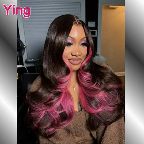 200% Density Pink Lace Front 13x4 Body Wave Wigs Purple Highlight Human Hair 13x6 HD Lace Frontal Blonde Colored Wigs For Woman