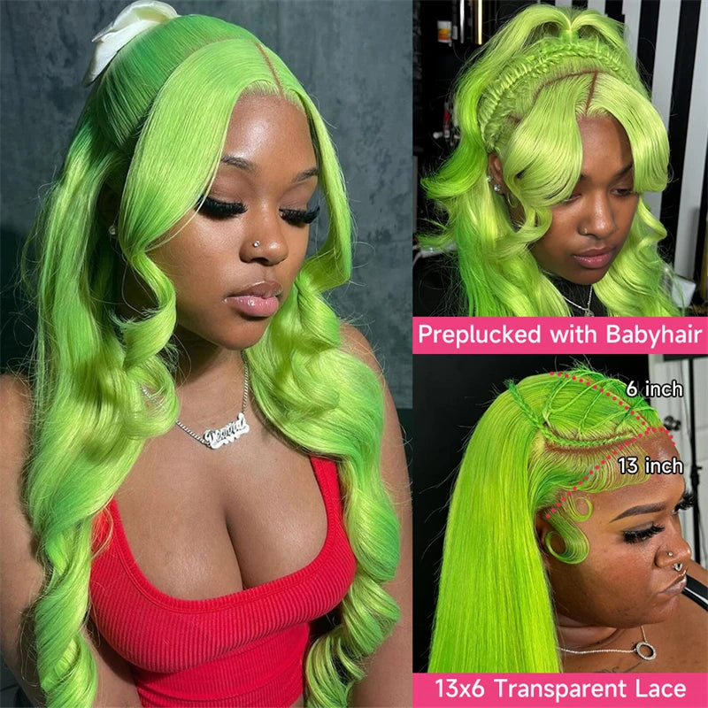 Green 13x6 Transparent Lace Front Wig Human Hair Pre Plucked Long Body Wave Green Colored Human Hair Wigs For Women 30 36 Inch