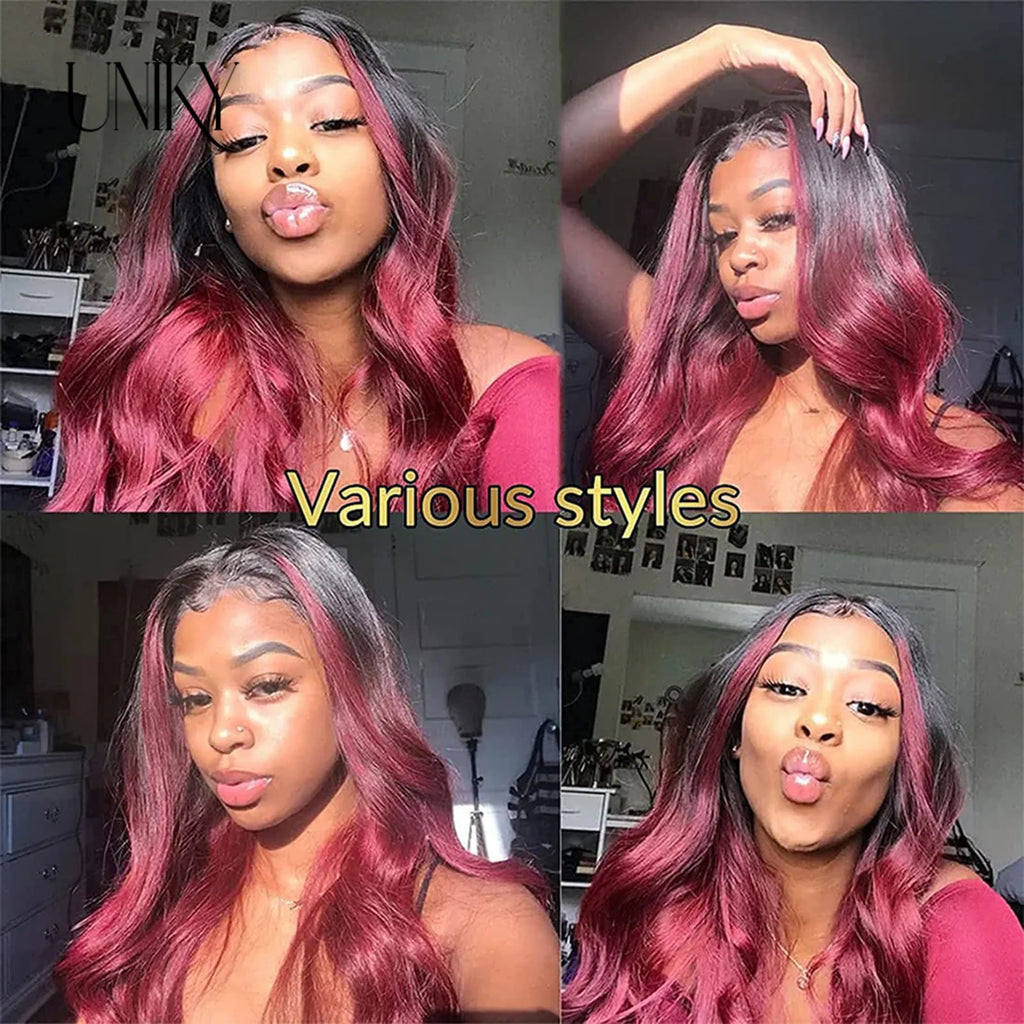 13x4 Loose Body Wave Wig Burgundy Lace Front Human Hair Wig For Women T1B/99j Ombre TwoTone Human Hair Wig Body Wave Frontal Wig