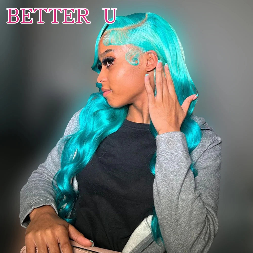 Teal Blue 13x6 Lace Front Wigs 100% Human Hair Body Wave Cyan Green Colored Human Hair Wig PrePlucked Brazilian Lace Frontal Wig