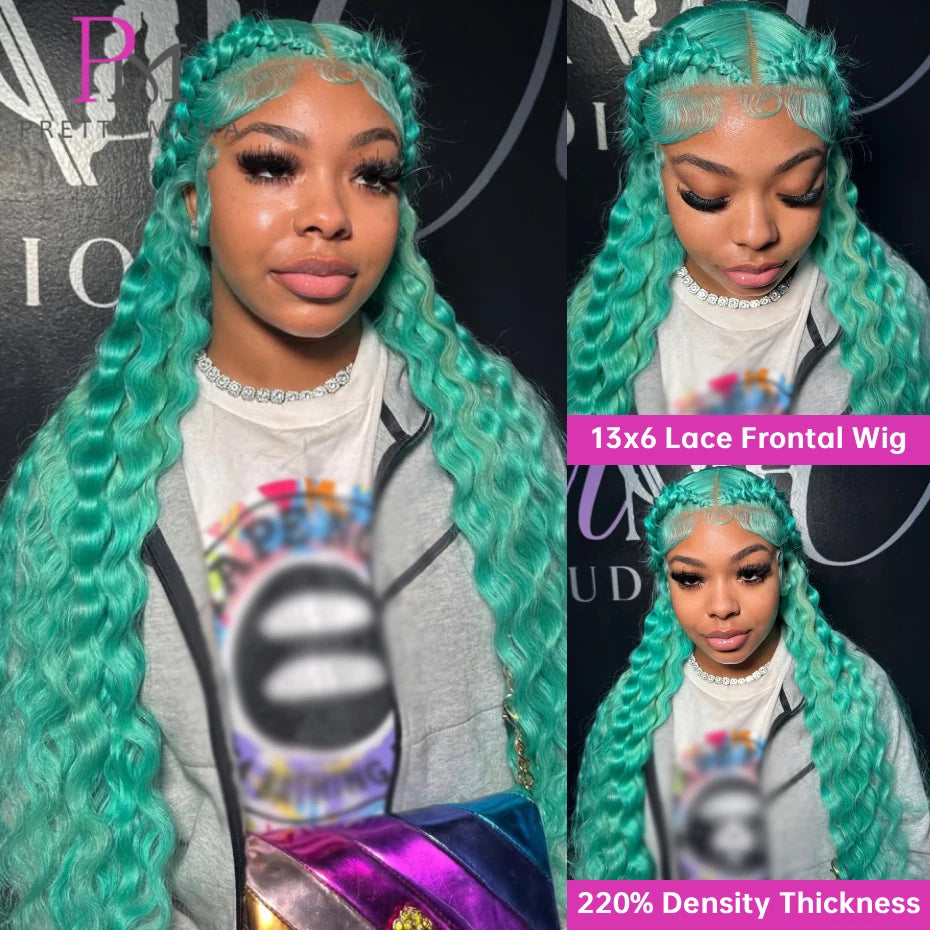 Deep Wave 13x4 13x6 Cyan Blue Lace Front Wigs Human Hair Pre Plucked Light Blue Green Colored Human Hair Wigs Lace Frontal Wig