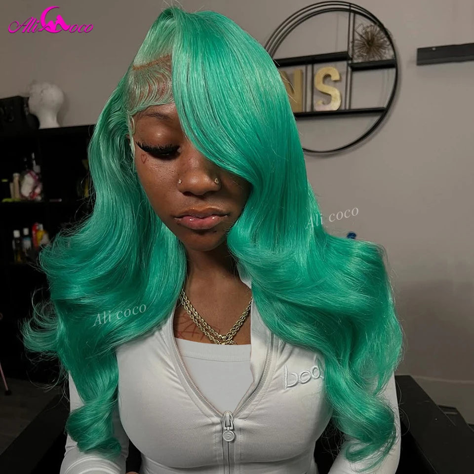 Shiny Lake Green Body Wave Wigs 13x6 Lace Front Human Hair Wig 180 Density for Women Turquoise Colored Transparent Lace Wigs