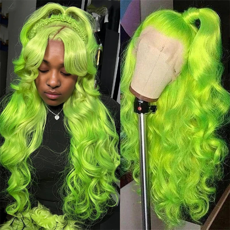 Green 13x6 Transparent Lace Front Wig Human Hair Pre Plucked Long Body Wave Green Colored Human Hair Wigs For Women 30 36 Inch