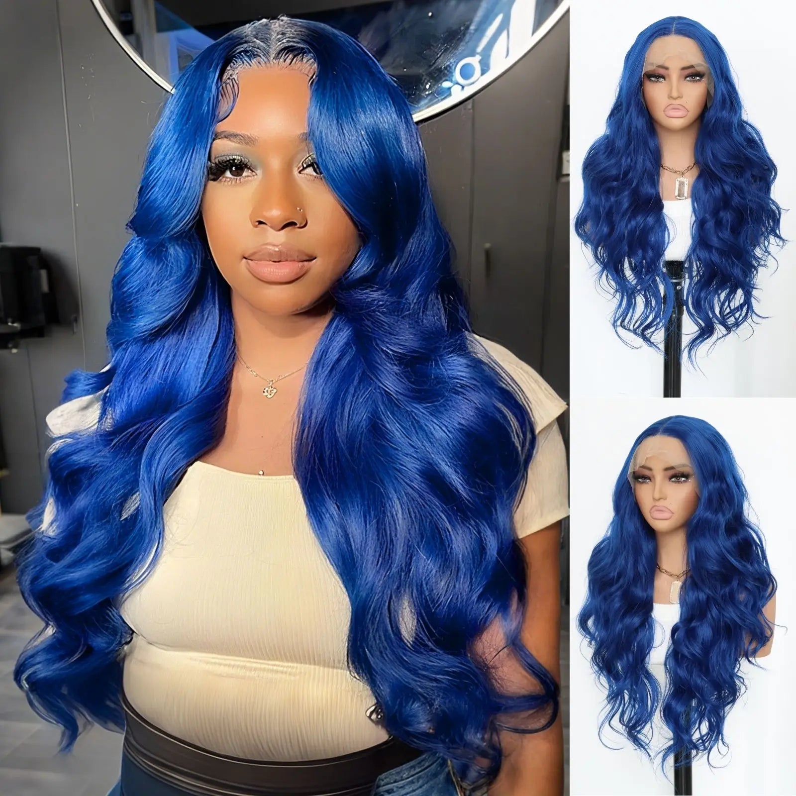 Dark Blue Wig Blue Lace Front Wig Pre Plucked Long Body Wave 13x4 Lace Wig Navy Blue Colored Synthetic Lace Front Wig 26 Inch