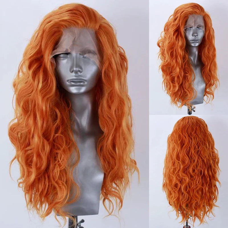 AIMEYA  Dark Brown Long Curly Synthetic Lace Front Wigs for Women Free Part Pre Plucked Natural Hairline Cosplay Wigs