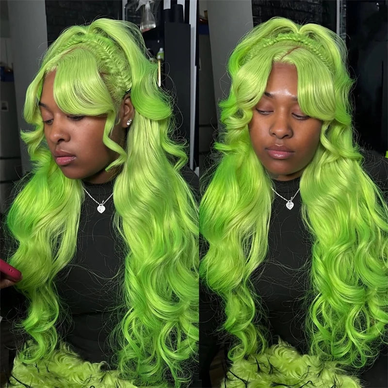 Green 13x6 Transparent Lace Front Wig Human Hair Pre Plucked Long Body Wave Green Colored Human Hair Wigs For Women 30 36 Inch