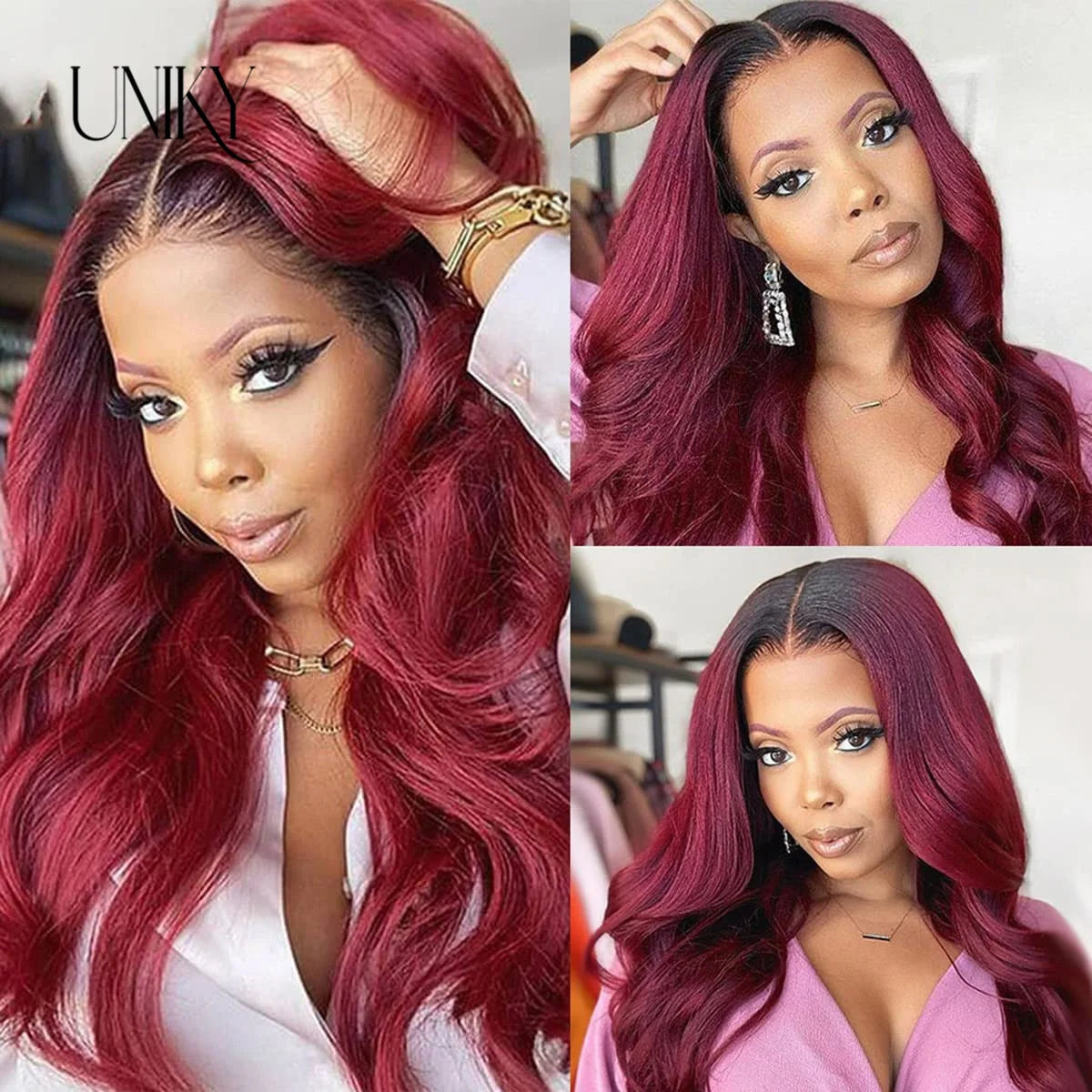 13x4 Loose Body Wave Wig Burgundy Lace Front Human Hair Wig For Women T1B/99j Ombre TwoTone Human Hair Wig Body Wave Frontal Wig